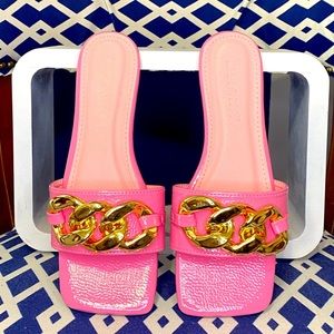 Hot pink square toe gold chain hardware flat slide bubblegum pink sandals